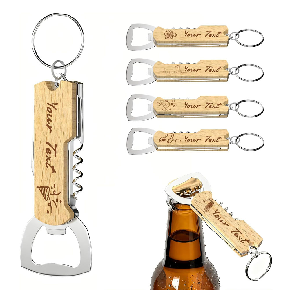Wine In Beer Bottle - Porte-clés ouvre-bouteille avec logo gravé personnalisé